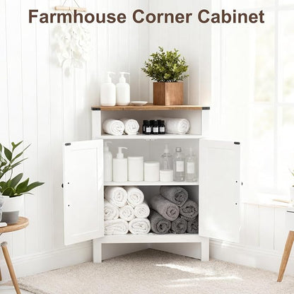 M METERXITY Bathroom Corner Cabinet with Barn Doors, Adjustable Shelf | 32"H Farmhouse Small Storage Cabinet, 3-Tier Space Saver, Open Storage, Kitchen, Pantry, Living, Entryway, White Walnut
