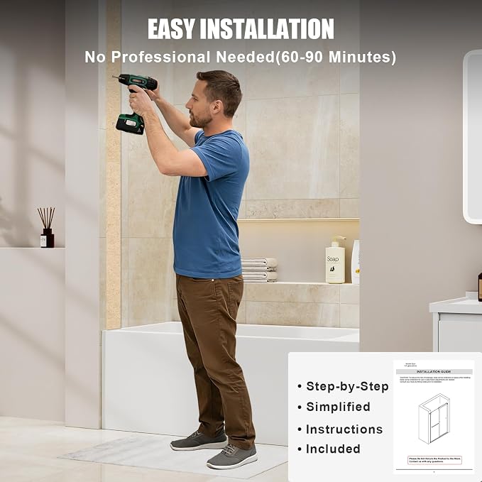 Frameless Shower Door, Frameless Sliding Bathtub Shower Door 60" W x 60" H, 1/4" (6mm) Clear Tempered Glass Tub Shower Door, Glass Shower Door with Full Stainless Steel Hardware, Gold