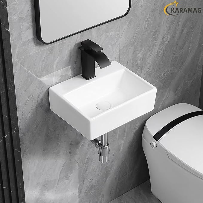 Small Vessel Sink 15"x12" Wall Mount Bathroom Sink Rectangular White Porcelain Ceramic Mini Floating Tiny Bathroom Wall Mounted RV Sink