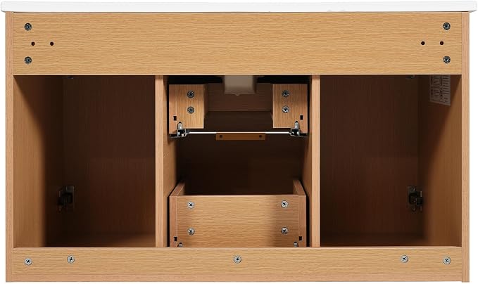 36" Wall Mounted Bathroom Vanity with Ceramic Sink, Modern Floating Bathroom Cabinet with Soft Close Doors & Divided Drawers, MDF Wood Vanity Set for Small Bathroom, Natural Oak