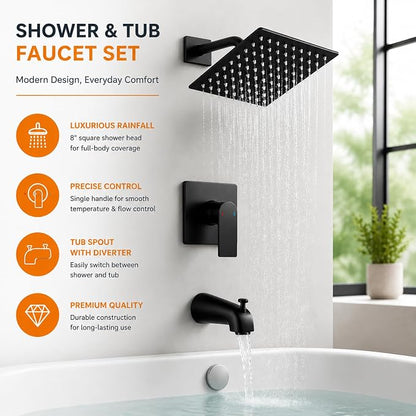 Tub Shower Faucet Set Valve Included with 8-Inch Rain Shower Head and Tub Spout Single-Handle Tub and Shower Trim Kit Matte Black