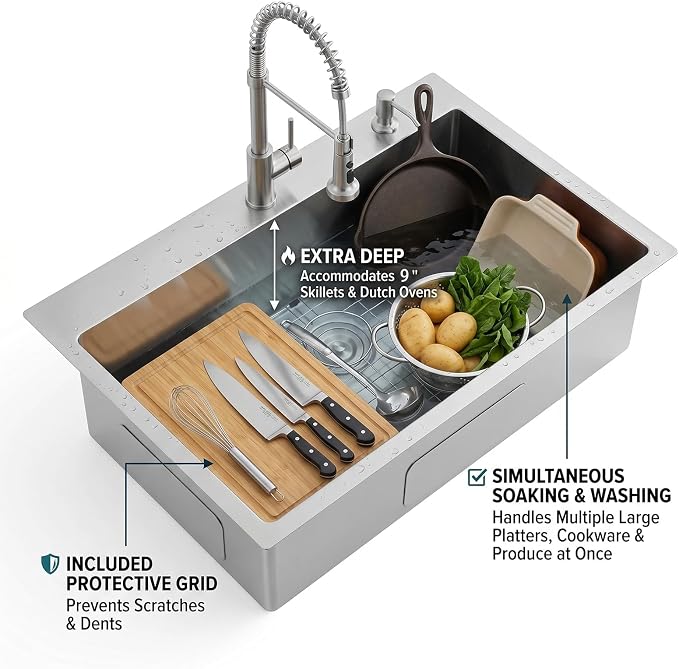 VAPSINT 28 Inch Drop in Kitchen Sink, 28x18 Inch Top Mount 16 Gauge Commercial T304 Stainless Steel Sink for Kitchen, 9 Inch Deep Handmade Single Bowl Basin Laundry Utility Wet Prep Sink, Fregadero