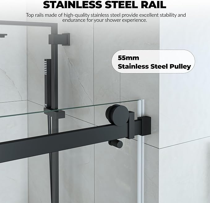 56-60" W x 76" H Frameless Sliding Shower Door, 5/16“ Waterproof Tempered Glass with Explosion-Proof Film, Clear Glass, Matte Black Handle & Seal Strip