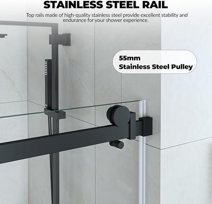 56-60" W x 76" H Frameless Sliding Shower Door, 5/16“ Waterproof Tempered Glass with Explosion-Proof Film, Clear Glass, Matte Black Handle & Seal Strip
