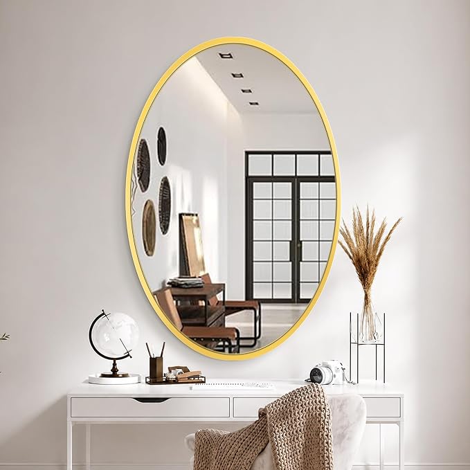 38x26 Gold Oval Bathroom Mirror for Over Sink, Aluminum Frame | HD Reflection No Distortion, Aluminum Frame, Mounting Hardware for Vertical or Horizontal Mount