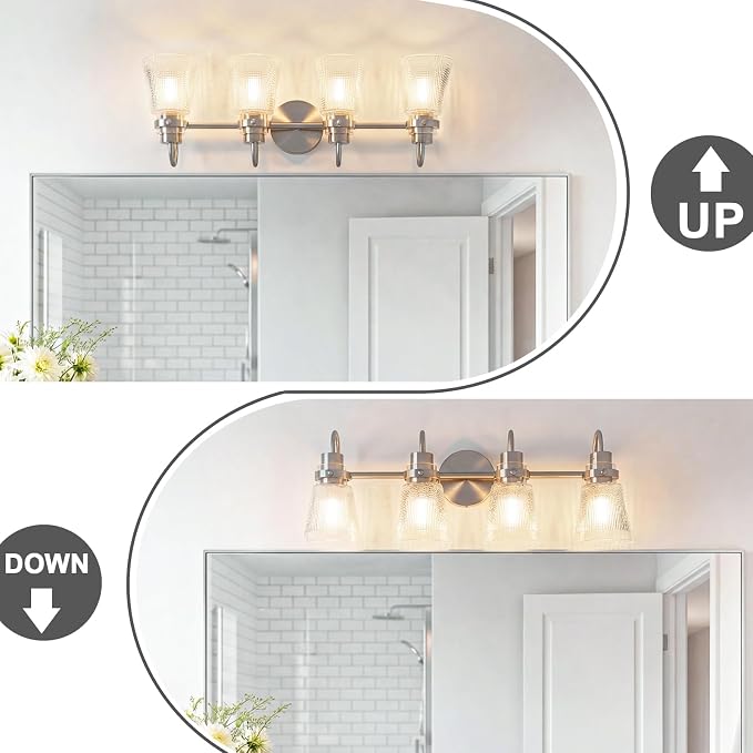 4-Light Bathroom Light Fixtures 25.7 Inch Brushed Nickel Vanity Lights for Bathroom Lighting Fixtures Over Mirror with Clear Striped Glass Shade for Mirror Bedroom Hallway