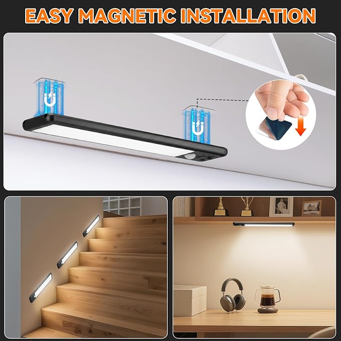 Under Cabinet Lighting Wireless, 10inch Motion Sensor Light, 3Pack-Black | Rechargeable, 3 Color Temps, Dimmable, Power Display, LED Closet Light Magnetic, Under Counter Lights for Kitchen Shelf Home