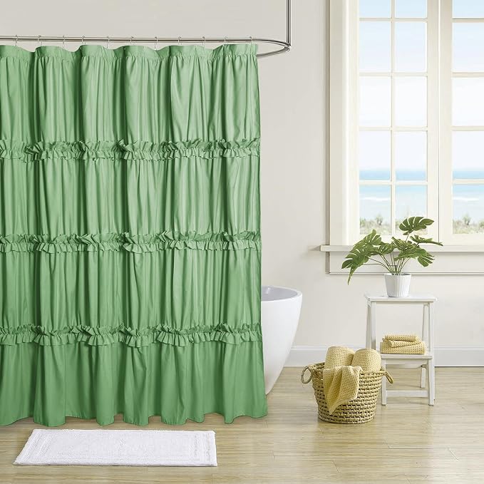 Farmhouse Ruffle Shower Curtain, Light Green, 72 x 72 in | Decorative Elegant Bathroom Curtain with 12 Holes, Soft Ruched Microfiber Fabric, Vintage Handmade Design