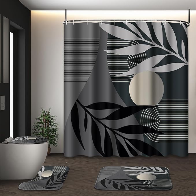 Bathroom Set with Shower Curtain and Rug 4 Pcs Mid Century Abstract | Modern Boho Leaves Bathroom Decor Set with Toilet Lid Cover, Non-Slip Bath Mats and Accessories 12 Hooks