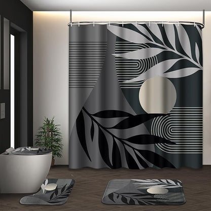 Bathroom Set with Shower Curtain and Rug 4 Pcs Mid Century Abstract | Modern Boho Leaves Bathroom Decor Set with Toilet Lid Cover, Non-Slip Bath Mats and Accessories 12 Hooks