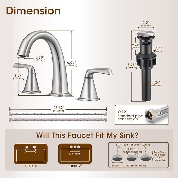 Widespread Bathroom Faucet 3 Hole, Brushed Nickel Bathroom Sink Faucet, 2 Handle Brass Bathroom Faucets for Vanity Faucet with Pop Up Drain and 2 Supply Lines