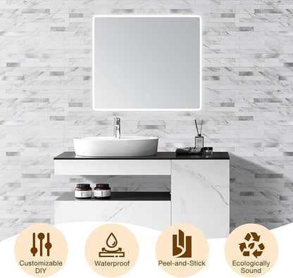 Peel and Stick Backsplash Tile Waterproof Removable PVC Wall Sticker 3D Faux Stone Marble Brick White Accent Panels (White Marble - Metal Silver, 20 Tiles - 9 sq. ft. (0.84 M²))