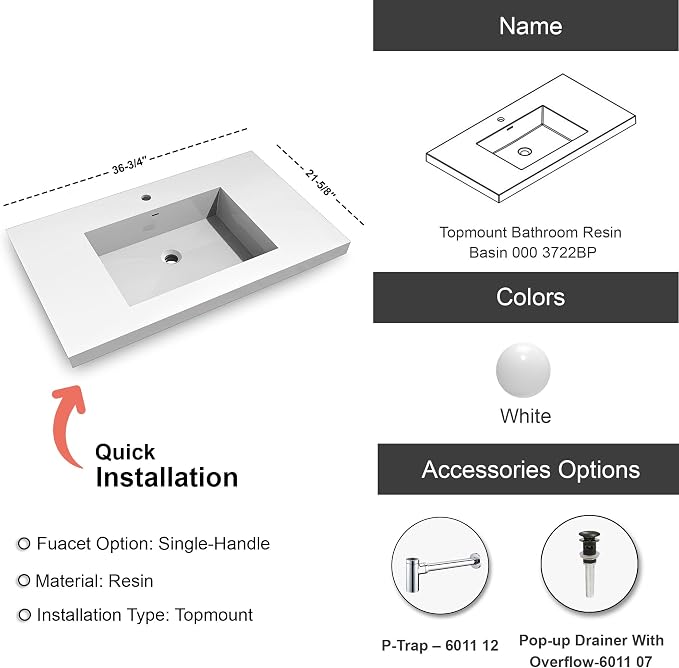 Dowell 37" Bathroom Sink,Single Bowl Vanity Basin,Rectangular Drop-In Bathroom Sink with Overflow,White-000 3722BP