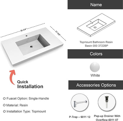 Dowell 37" Bathroom Sink,Single Bowl Vanity Basin,Rectangular Drop-In Bathroom Sink with Overflow,White-000 3722BP