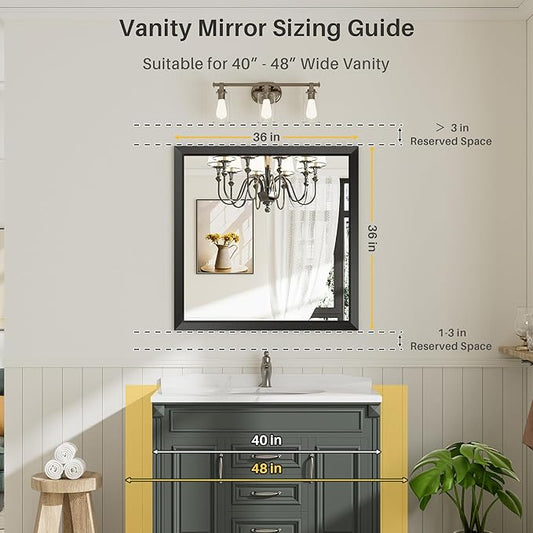 36x36 Inch Black Bathroom Mirror for Wall, Thick Metal Framed Rectangle Mirrors for Over Sink, Bedroom, Living Room, Entryway, Anti-Rust, HD Tempered Glass