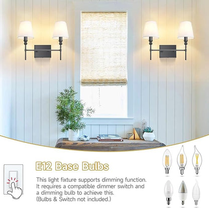 Bathroom Vanity Light,Vintage Bathroom Lighting Fixture Over Mirror,2-Light Black Vanity Light,Double Wall Sconce With Flared White Fabric Lampshade For Bedroom,Living Room,Hardwired, E12 Base