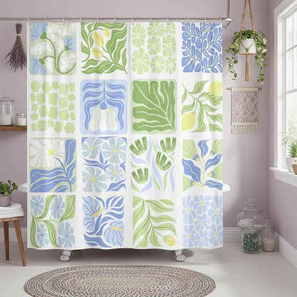 JAWO Blue Cute Boho Floral Shower Curtain, Colorful Abstract Floral Retro Aesthetic Shower Curtain for Bathroom, Funky Unique Waterproof Fabric Polyester Bath Curtains Decor with Hooks,60Wx70H
