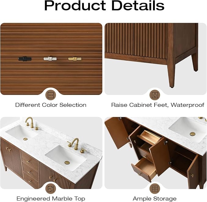 Vanity Art 60 inch Walnut Bathroom Vanity with Double Sink & Ceramic Top, Vanity Cabinet with Soft-Closing Door, Solid Wood Frame, Linear Pattern, Walnut, VA9160-DWalnut-MB,Matte Black Handles