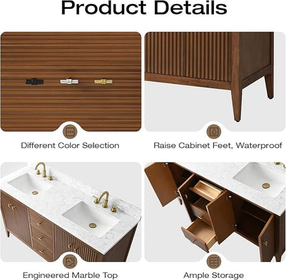 Vanity Art 60 inch Walnut Bathroom Vanity with Double Sink & Ceramic Top, Vanity Cabinet with Soft-Closing Door, Solid Wood Frame, Linear Pattern, Walnut, VA9160-DWalnut-MB,Matte Black Handles