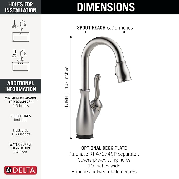 Delta Leland Touchless Bar Faucet with Touch Technology, Brushed Nickel Prep Sink Faucet with Pull Down Sprayer, Single Hole, SpotShield Stainless 9678TL-SP-DST