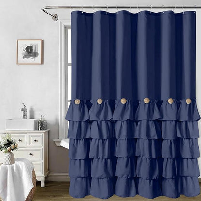Seasonwood Navy Blue Shower Curtain for Bathroom Ruffle Shower Curtain 72 X 72 Inches Farmhouse Shower Curtains with Buttons & Blue Ruffles | Natural button accents, layered fabric tiers, shabby chic and French country styling for decorative bathroom u...