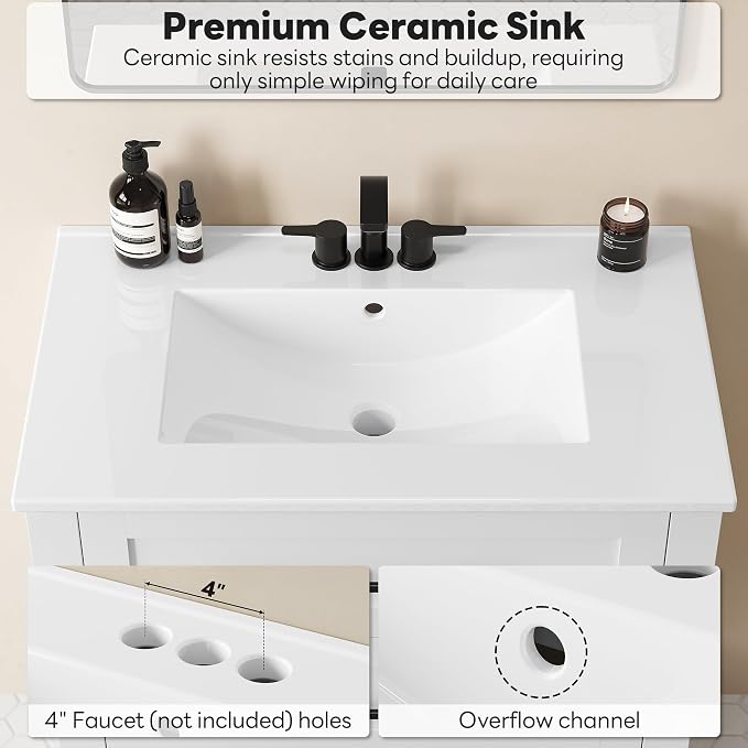LIKIMIO 30" Bathroom Vanity with Sink, 2 Drawers & Open Shelf, White | Freestanding Bathroom Vanity, Integrated Ceramic Sink, U-Shaped Drawers, Modern Bathroom Storage Cabinet, Easy Assembly