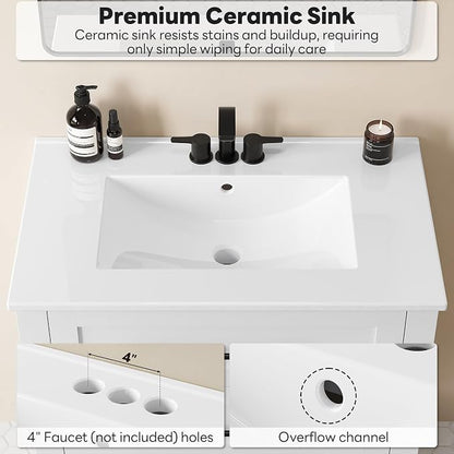 LIKIMIO 30" Bathroom Vanity with Sink, 2 Drawers & Open Shelf, White | Freestanding Bathroom Vanity, Integrated Ceramic Sink, U-Shaped Drawers, Modern Bathroom Storage Cabinet, Easy Assembly