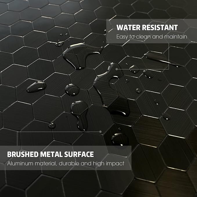 Black Peel and Stick Backsplash Mini Hexagon Tile, Self Adhesive Brushed Metal Surface Honeycomb Stick on Wall Tiles for Kitchen Bathroom(12 Sheets)