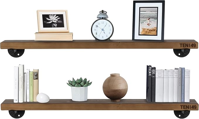 TEN49 Industrial Pipe Wood Wall Shelf - 36" Espresso Real Wooden Shelving - Modern Interior Decor Floating Shelves w/Iron Pipe Brackets - Rustic Farmhouse Style Bookshelf - Set of 2