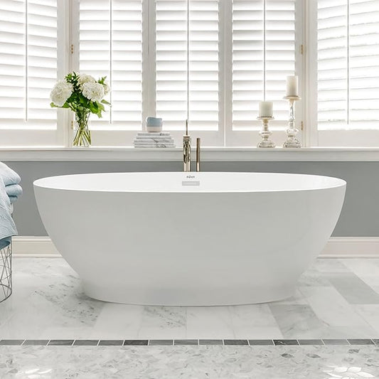 FerdY Koh Samui 65" Acrylic Freestanding Bathtub, Oval Contemporary Soaking Bathtub, Glossy White, cUPC Certified, Toe-Tap Chrome Drain & Overflow Assembly Included