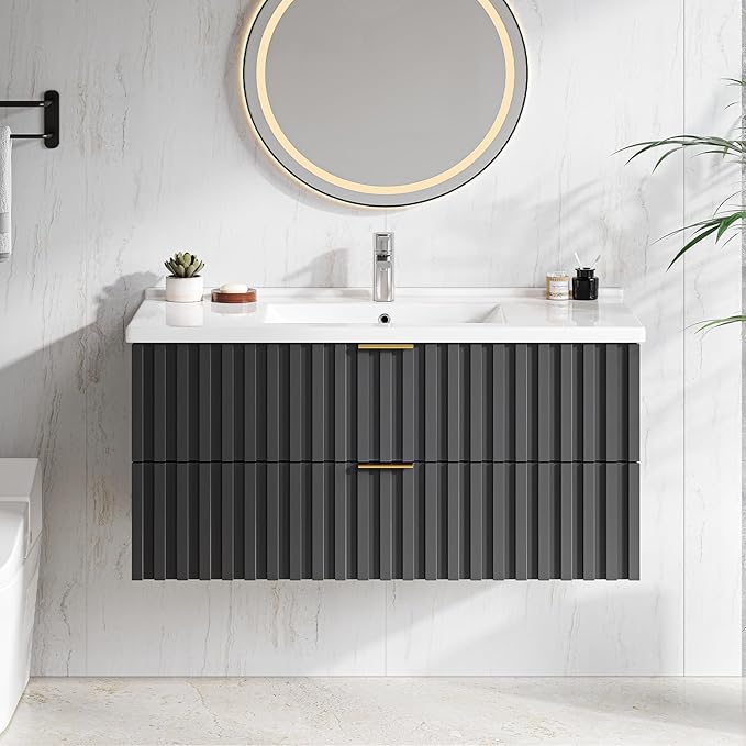 ONBRILL 36 Inch Bathroom Vanity with Sink Combo, Floating Bathroom Vanity with 2 Fluted Drawers & Metal Handle, Modern Wall Mount Storage Cabinet with Ceramic Integrated Sink for Small Space (Black)