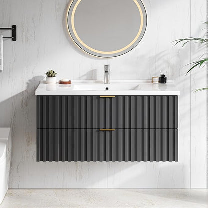 ONBRILL 36 Inch Bathroom Vanity with Sink Combo, Floating Bathroom Vanity with 2 Fluted Drawers & Metal Handle, Modern Wall Mount Storage Cabinet with Ceramic Integrated Sink for Small Space (Black)