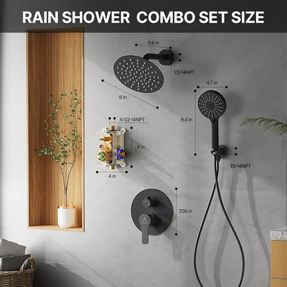 Shower Faucet Set 8IN Brass Rough-In Valve Body Trim Kit Rainfall Included Handle Accessories Complete 2 Functions with Rain Head and Handheld Bathroom Systems (8 Inch Matte Black)