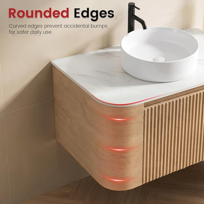 72" Floating Bathroom Vanity with Double Vessel Sink, Honey Oak | Pre-Assembled Fluted Wall Mounted Vanity with Ceramic Sink, Sintered Stone Countertop, Soft-Close Drawer & Towel Rack