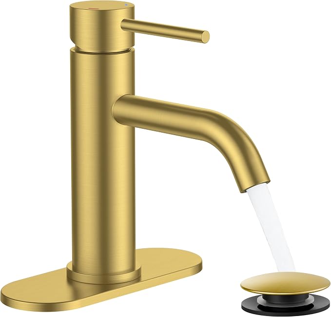 FORIOUS Bathroom Faucet 1 Hole, Single Handle Sink Faucets Brushed Gold | for 1 or 3 Hole 4 Inch Centerset Sink, with Pop-up Drain, NSF61 Certified, for Vanity Rv Commercial Lavatory Restroom Basin