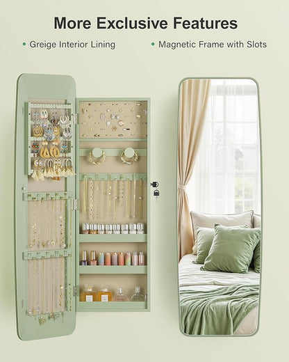 Nicetree Rounded Mirror Jewelry Cabinet, Lockable, Wall Mounted, Green | Hanging Jewelry Armoire Organizer, Rounded Armoire with Full Length Mirror,Wide Mirror with Storage,Gift Idea,Lock