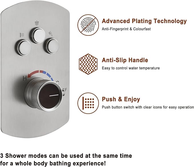 MONDAWE 12 Inch Ceiling Mounted Shower System in Brushed Nickel, 3-Function Shower Faucet Set with Rainfall Dual Shower Head and High Pressure Handheld Spray, All Function Can be Used At the Same Time