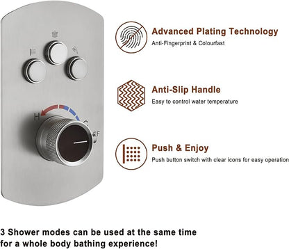MONDAWE 12 Inch Ceiling Mounted Shower System in Brushed Nickel, 3-Function Shower Faucet Set with Rainfall Dual Shower Head and High Pressure Handheld Spray, All Function Can be Used At the Same Time