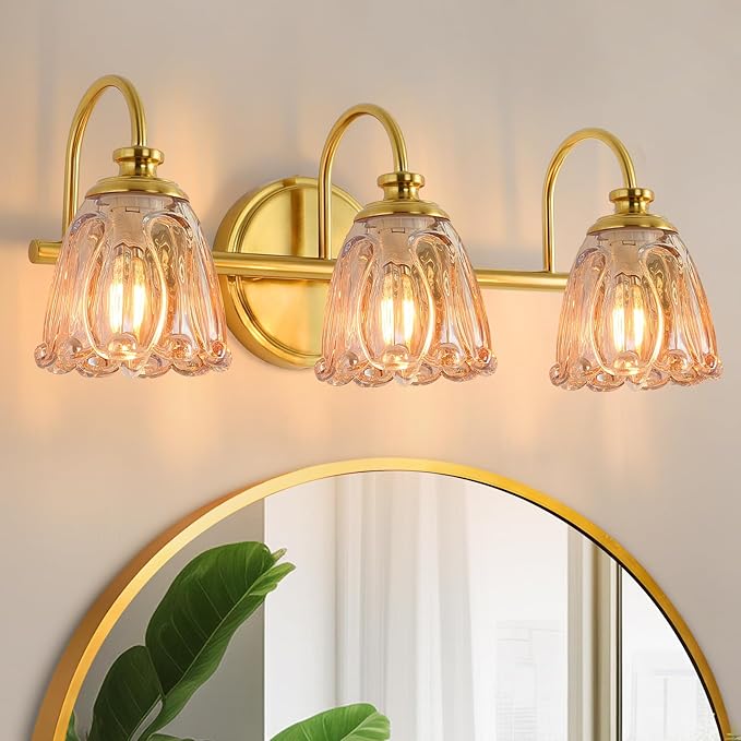 Bathroom Light Fixtures (3-Light), Vintage Brushed Gold Vanity Lights for Bathroom with Amber Tulip Crystal Glass Shade, Vanity Wall Light Over Mirror for Bedroom Living Room Hallway