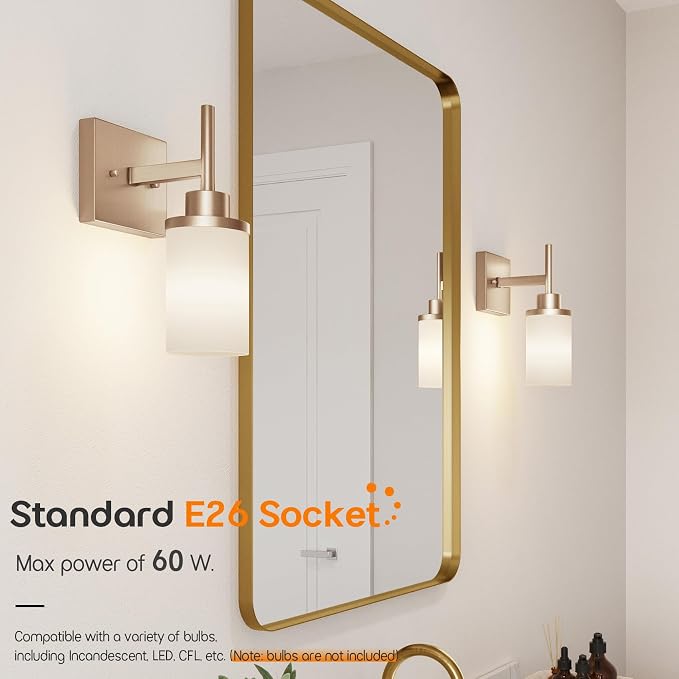 Vanity Lighting Fixtures with White Frosted Glass Shade, Champagne Bronze Wall Lamps for Bathroom Mirror Bedroom Living Room Porch, 2 Pack T001CPG-L1-P2
