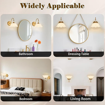 1 Piece Vintage Wall Sconce with Floral White Glass Shade, Matte Brass Finish Wall Sconce for Bathroom, Vintage Bathroom Vanity Light Fixture