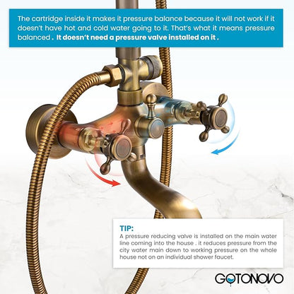 gotonovo Exposed Bathroom Shower Faucet Wall Mounted Shower System 8 Inch Shower Head and Tub Spout Double Cross Handles Adjustable Handheld Sprayer Straight Pipe Antique Brass