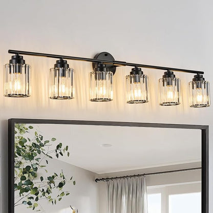 Modern 6-Light Black Vanity Light, 45.7" Crystal Bathroom Light Fixture, Vanity Lights with Clear Crystal Shades, E26 Base Wall Sconces Over Mirror for Bathroom Powder Room