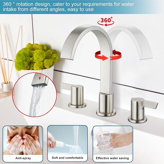 Midanya 8 Inch Widespread Bathroom Sink Faucet 3 Hole,Brushed Nickel | Waterfall Swivel Spout,2 Handle,SUS304,with Pop Up Drain,cUPC 24" Water Hose,for 6-16” hole distance vanity,RV,Farmhouse Sink