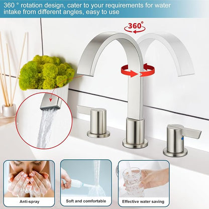 Midanya 8 Inch Widespread Bathroom Sink Faucet 3 Hole,Brushed Nickel | Waterfall Swivel Spout,2 Handle,SUS304,with Pop Up Drain,cUPC 24" Water Hose,for 6-16” hole distance vanity,RV,Farmhouse Sink