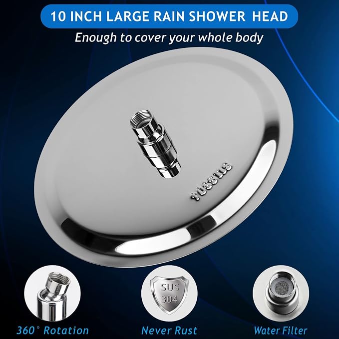 Voolan Rain Shower Head, High Pressure High Flow All Metal Rainfall Shower Head, Ultra-Thin Design-Pressure Boosting, Universal Wall and Ceiling Mount (10 Inch, Chrome)