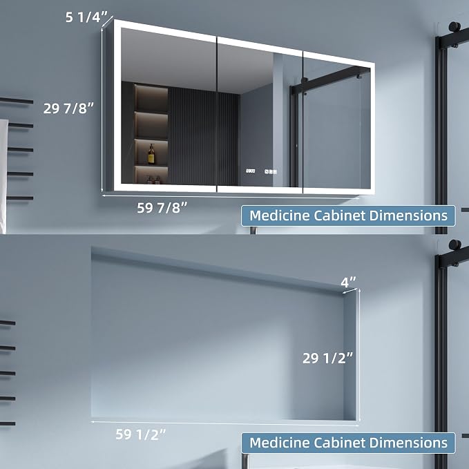 LED Medicine Cabinet 48x30 Anti-Fog Mirror Dimmable Recessed Mount | 3 Color Dimmable LED. Time Temp Display. Anti-Fog IP44. 2 Outlets+2 USB. Plug-in/Hardwired. Recessed/Wall Mount