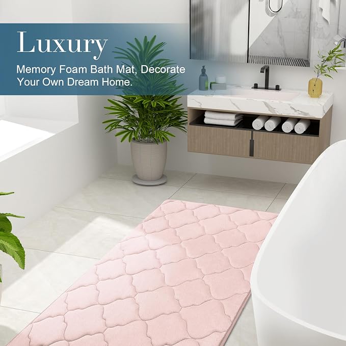OLANLY Memory Foam Bath Mat Rug 70x24, Ultra Soft and Absorbent Bathroom Rugs, Non-Slip, Comfortable, Machine Washable Bath Carpet for Bathroom Floor, Tub, Shower and Home Decor Accessories, Pink