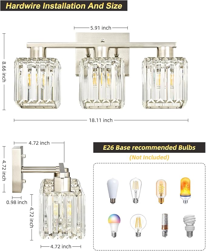 3-Light Bathroom Light Fixtures, Modern Brushed Nickel Crystal Wall Light for Bathroom,Lighting Fixtures Over Mirror