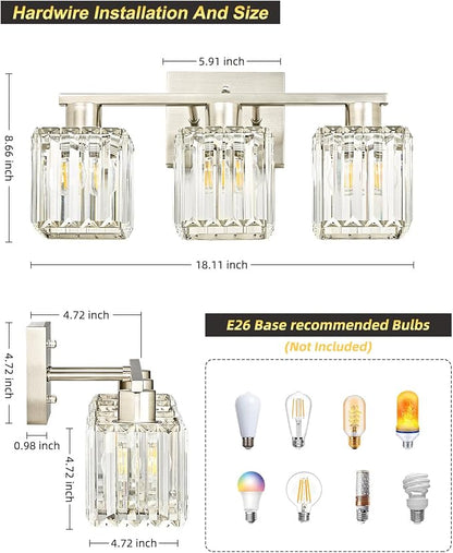 3-Light Bathroom Light Fixtures, Modern Brushed Nickel Crystal Wall Light for Bathroom,Lighting Fixtures Over Mirror